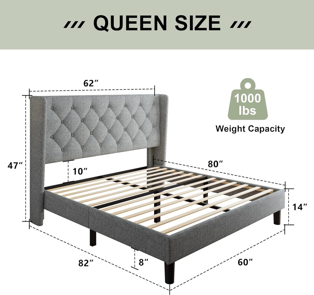 Feonase Queen Bed Frame with Upholstered Wingback Headboard, Platform Bed and...