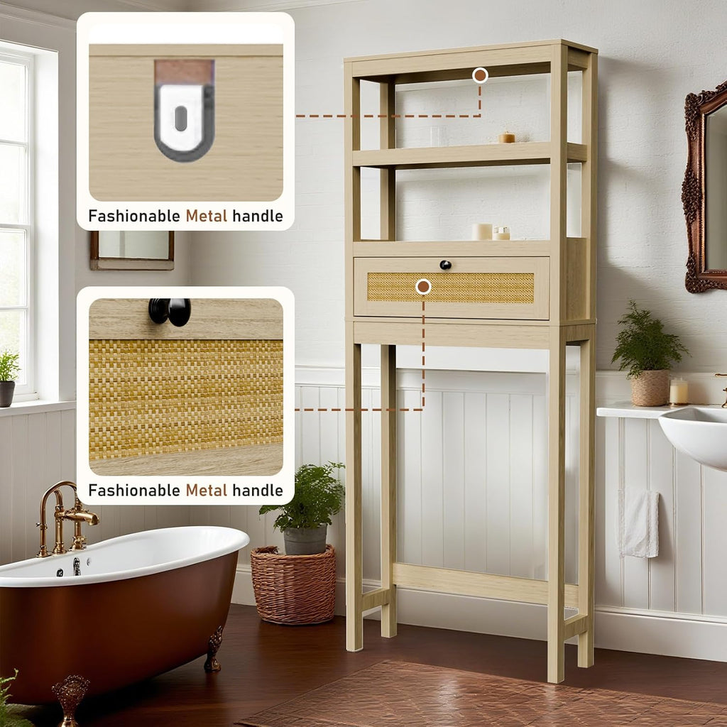 Over The Toilet Storage Cabinet, 3-Tier Behind Toilet Bathroom Organizer, Wooden Above Toilet Storage Shelf with Rattan Door, Space Saver for Restroom, Bathroom, Laundry