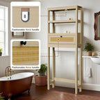 Over The Toilet Storage Cabinet, Behind Toilet Bathroom Organizer with Adjustable Shelves, Above Toilet Organizers with Rattan Door, Space Saver for Restroom, Bathroom, Laundry