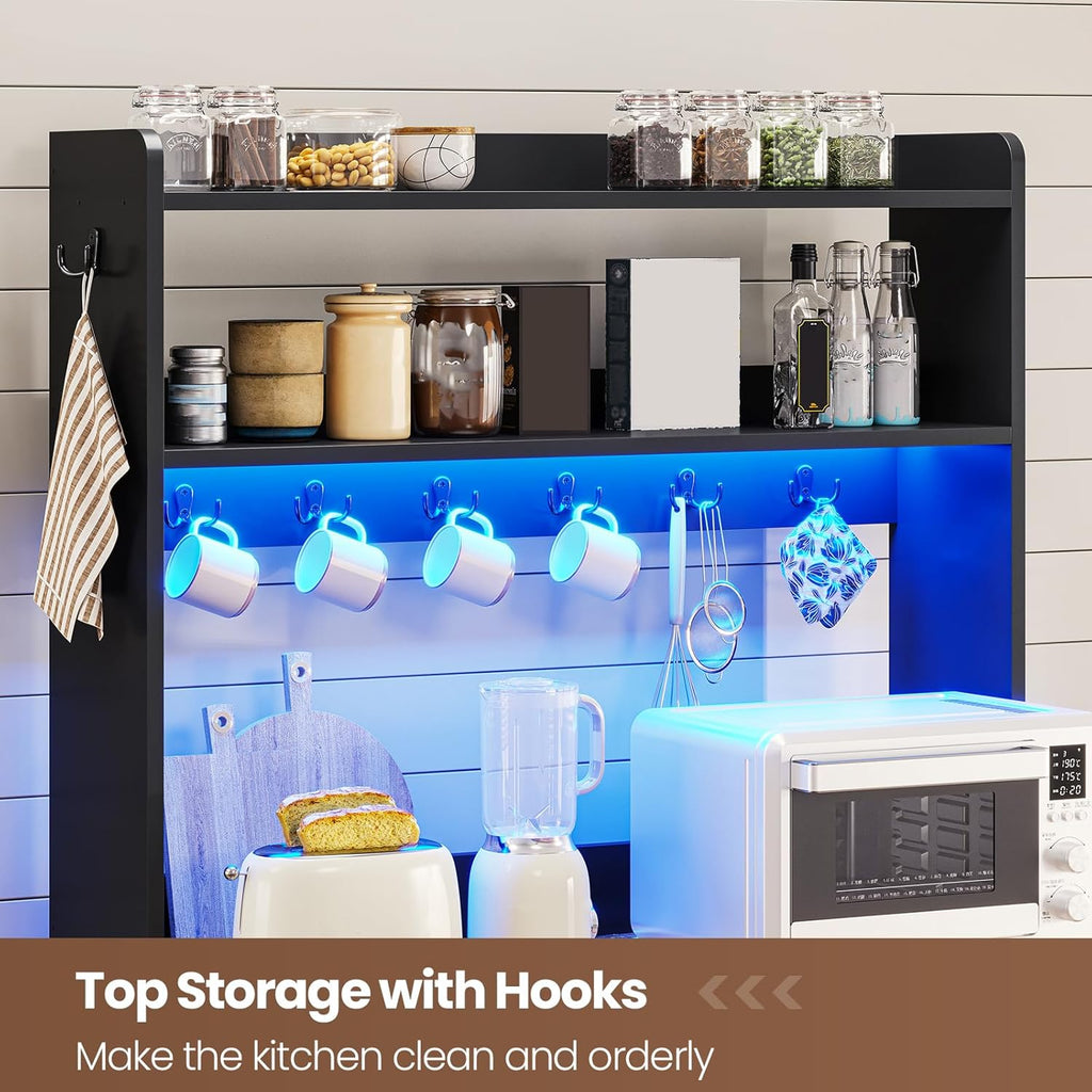 Itaar 35.4 inch Coffee Bar Cabinet, Bakers Rack with Power Outlet and Storage, Farmhouse Microwave Stand Kitchen Cabinet with Hutch, LED Lights, Wine Glass Holder and 8 Hooks, Black