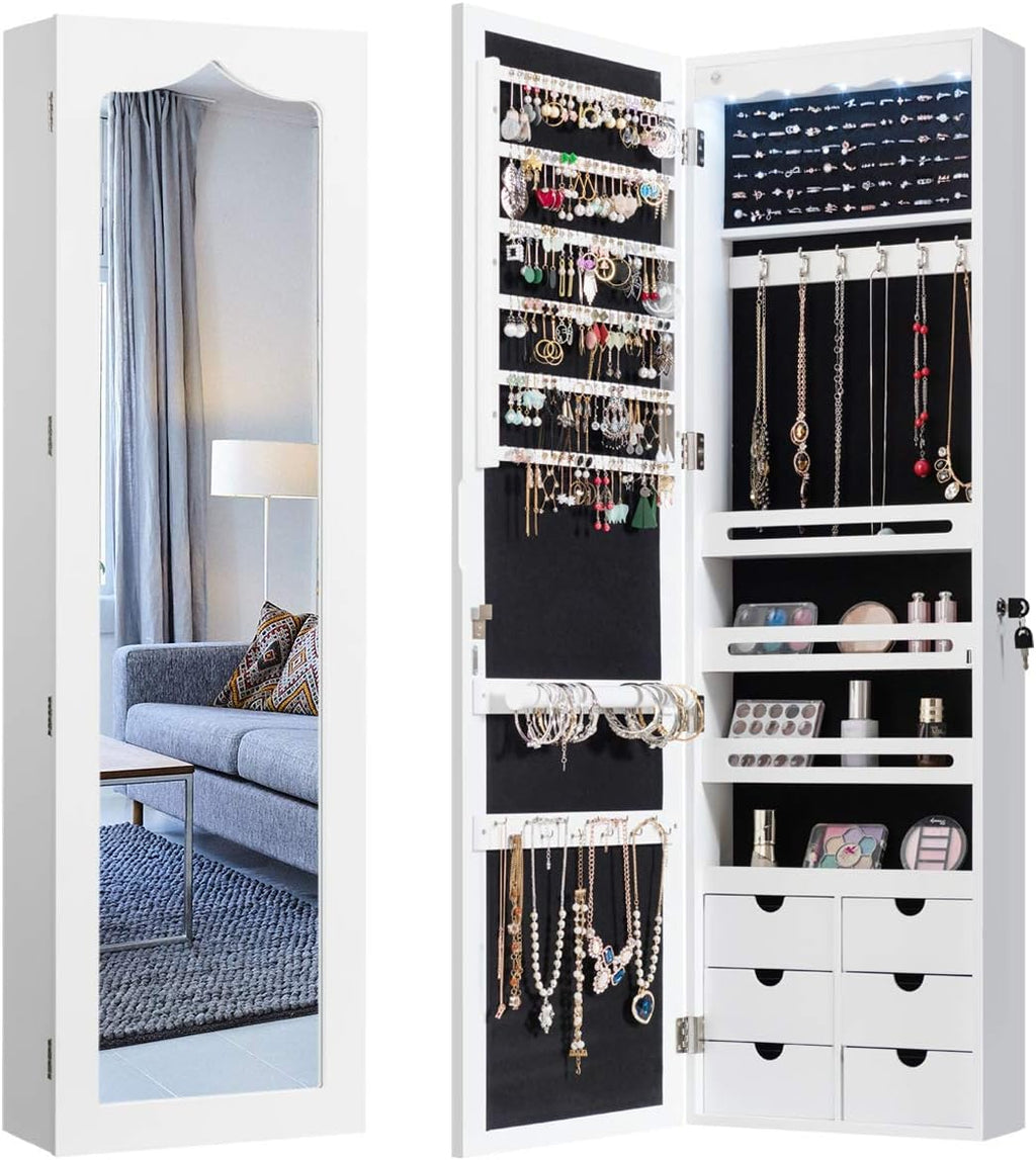 COSTWAY Jewellery Cabinet with LED Lighting, 6 Drawers and Mirror, Hanging Sail Cabinet, Wall Cabinet for Door and Wall Mounting, Lockable (White)