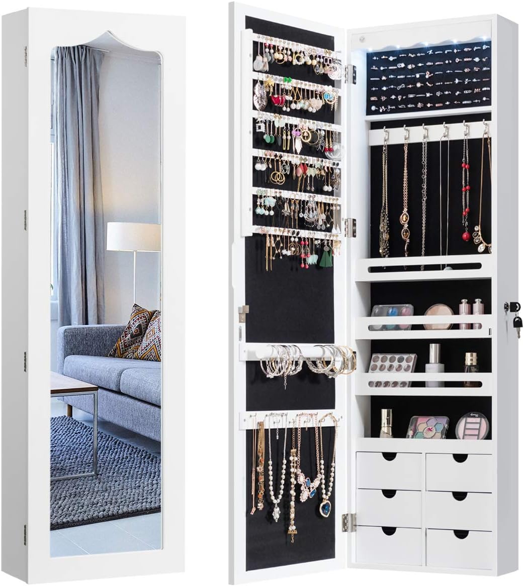 COSTWAY Jewellery Cabinet with LED Lighting, 6 Drawers and Mirror, Hanging Sail Cabinet, Wall Cabinet for Door and Wall Mounting, Lockable (White)