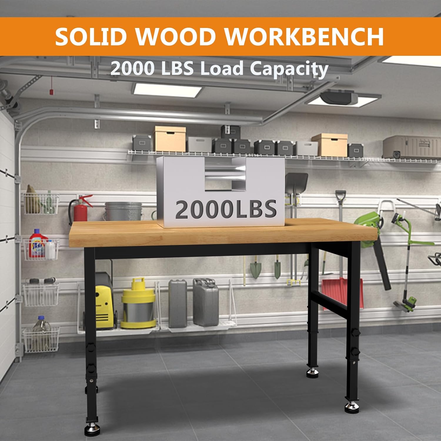 48" Work Bench, Adjustable Height Workbench with Rubber Pad, Heavy-Duty Solid Wood Work Table with Power Outlets, 2000 LBS Capacity Workstation for Garage, Workshop, Office, Home