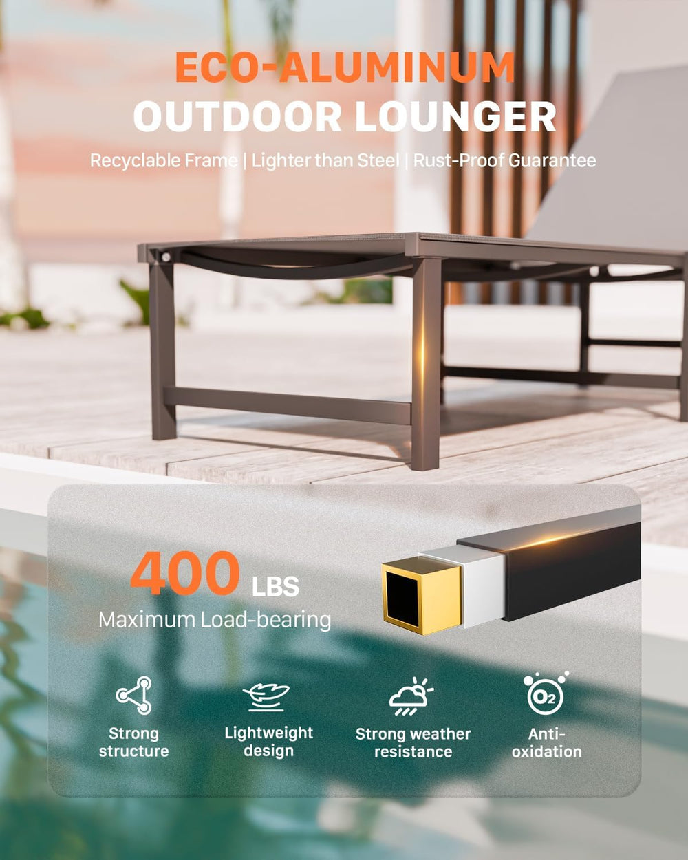 Aluminum Patio Chaise Lounge Chair Outdoor, Grey | Textilene Fabric,Weather-R...