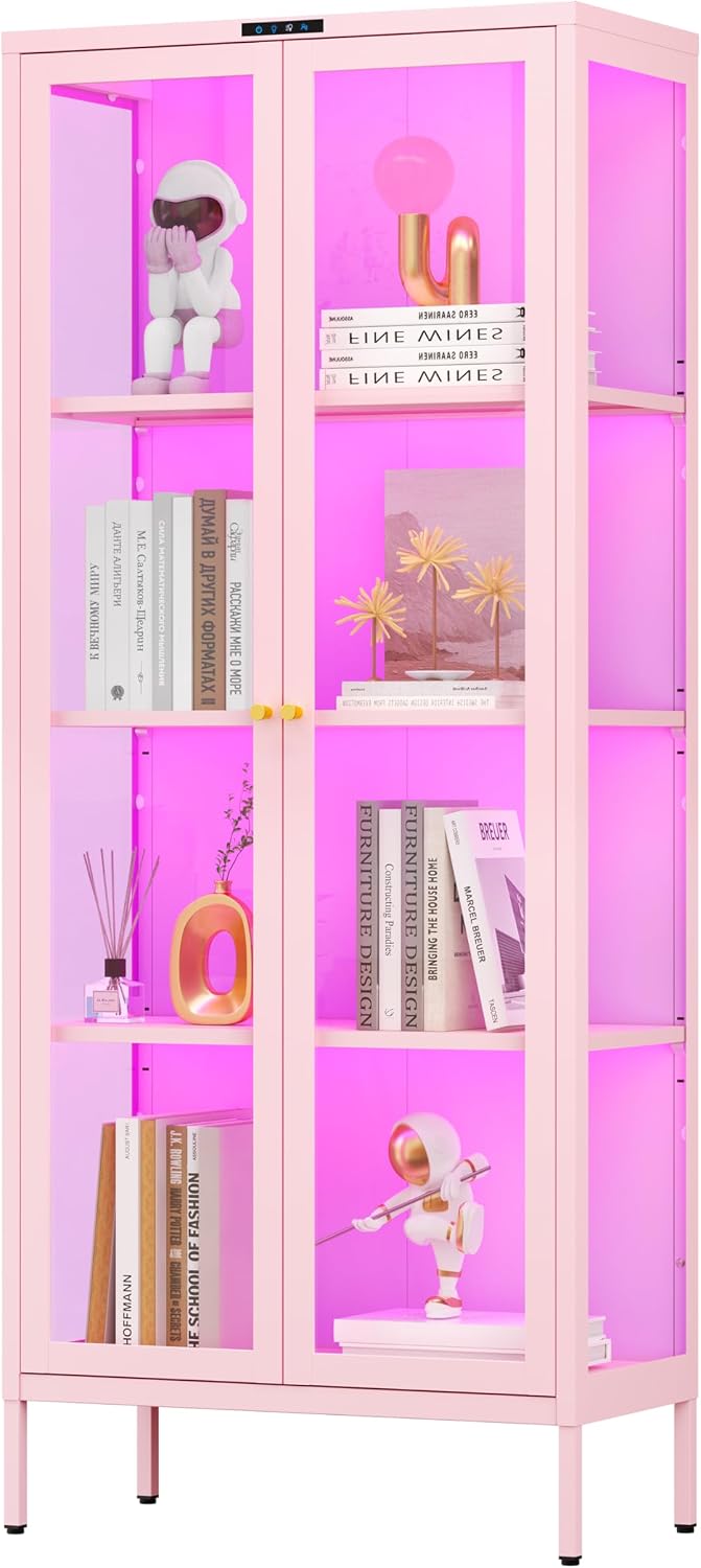 Polup Glass Display Cabinet with Glass Doors, Metal Curio Cabinet with 8-Colo...