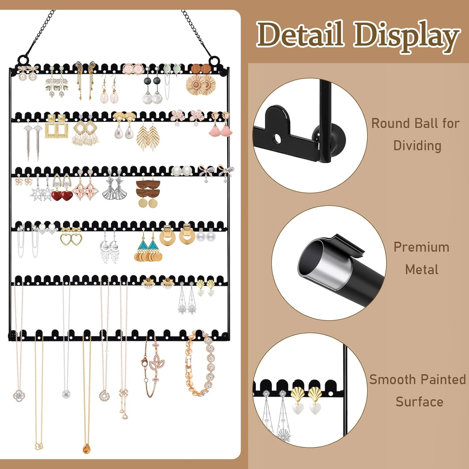 6 Tier Earring Holder Wall Mounted Hanging Earring Organizer, Earring Display Storage with 123 Holes and 129 Grooves Jewelry Organizer Tree for Stud/Hoop/Dangle Earrings Necklace（Black）