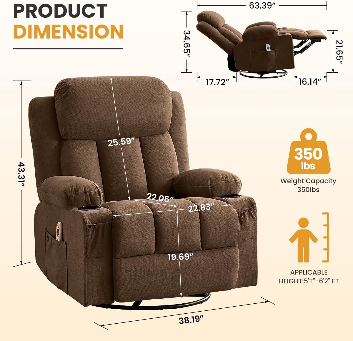 Swivel Rocker Recliner Chair with Vibration Massage & Lumbar Heating, Ergonomic Lounge Chair for Living Room, Rocking Function, Side Pocket, 2 Cup Holders, USB Charging Port