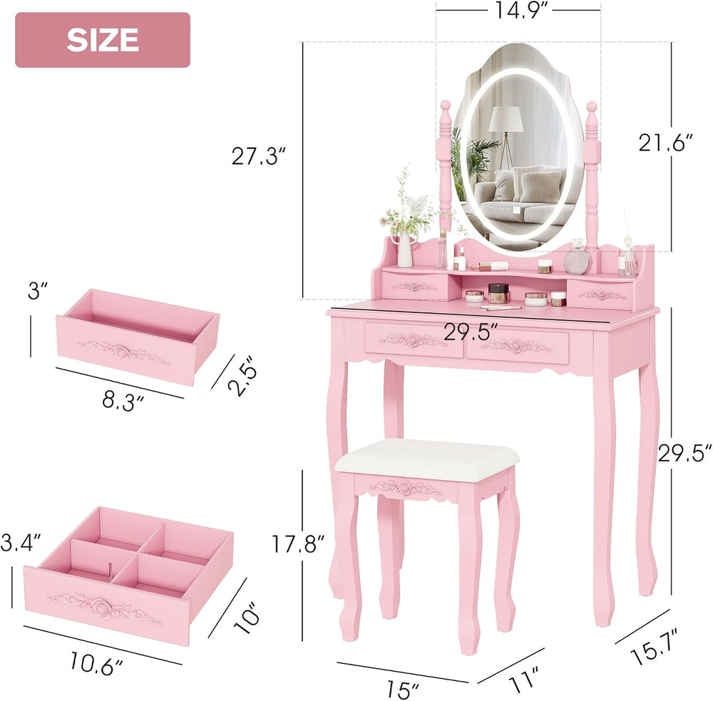 Vanity Desk with Mirror and Lights, Makeup Table with Cushioned Stool Set | M...