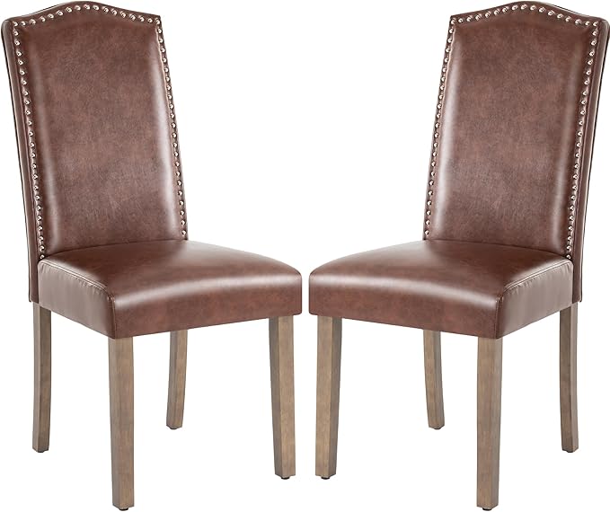 Upholstered Dining Chair Modern Stylish Parsons Kitchen Diner High Back with Silver Nailhead Trim & Wood Legs, Set of 2, PU Leather Dark Brown