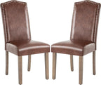 Upholstered Dining Chair Modern Stylish Parsons Kitchen Diner High Back with Silver Nailhead Trim & Wood Legs, Set of 2, PU Leather Dark Brown