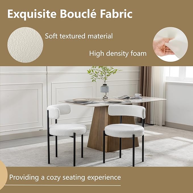Boucle Dining Chairs Set of 2, White Dining Chairs with Upholstered Seat and Round Back, Mid-Century Modern Kitchen Chairs for Dining Room, Restaurant