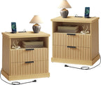 VASAGLE MAXE Collection - Set of 2 Nightstands with Charging Station, Bedside Table, Side End Table with 2 Drawers, Open Shelf, 2 AC Outlets, 2 USB Ports, Transitional, Bedroom, Oak Beige ULET926Y01