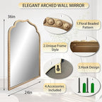 Gold Arch Mirror, 24"x36" Arched Vanity Mirrors for Bathroom, Metal Beaded Frame Ornate Decorative Mirror, Scalloped Vintage Mirrors for Fireplace Bedroom Living Room Hallway Entryway