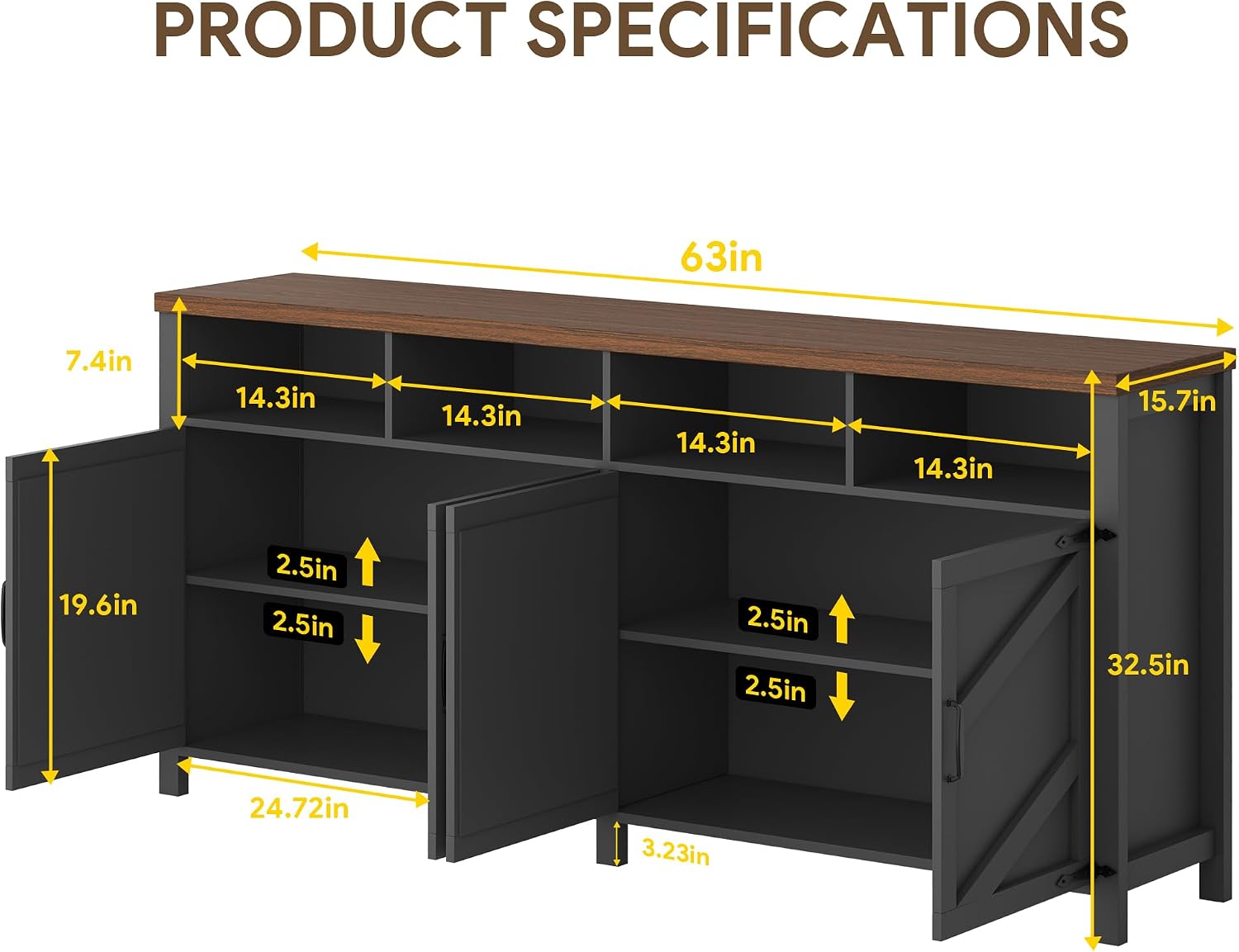 knoworld Buffet Sideboard with Storage, 63'' Large Kitchen Storage Cabinet Wood Coffee Bar Cabinet Buffet Table 4 Doors with Shelves for Kitchen, Dining Room, Entryway, Black, 63in