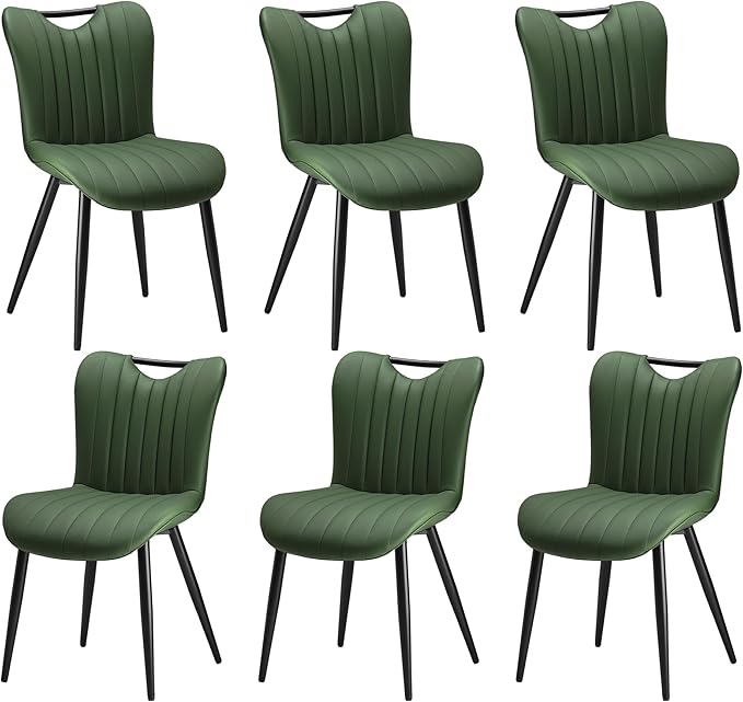 Leather Upholstered Dining Chairs Set of 6, Mid-Century Modern Kitchen Dining Room Chairs with Black Metal Legs, Armless Faux Leather Accent Dinner Chairs Kitchen Side Chairs, Green