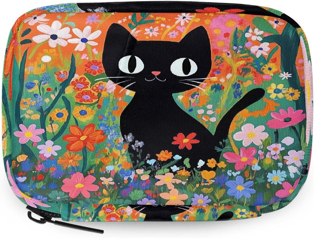 Cute Black Cat Flowers Pill Organizer Travel Medicine Case with Zipper Daily Vitamin Storage Bag Portable 8 Slot Weekly Pill Box Supplement Holder for Home Office Gym Travel