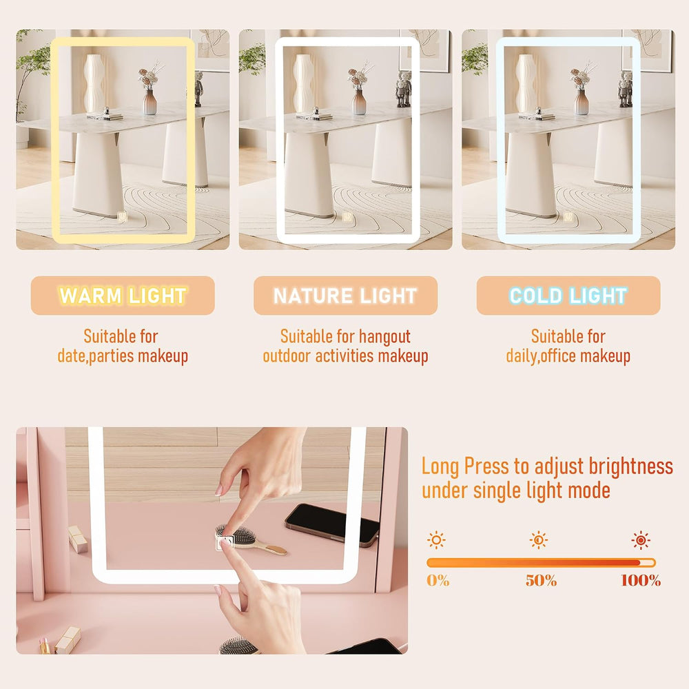 Vanity Desk with Mirror and LED Lights, Makeup Vanity Set with Power Outlet, ...