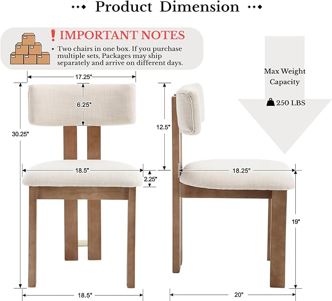 HNY Modern Farmhouse Linen Dining Chairs Set of 4, Beige Fabric Upholstered Dining Room Kitchen Chairs with Natural Wood Frame & Curved-Back, Armless Accent Wood Chairs for Dining Room Living Room