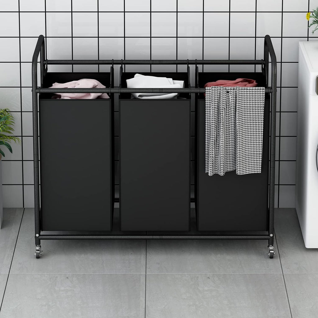LINZINAR 3-Bag Laundry Basket Hamper Laundry Sorter Cart laundry room organization with Heavy Duty Rolling Lockable Wheels and Removable Bags (Black)