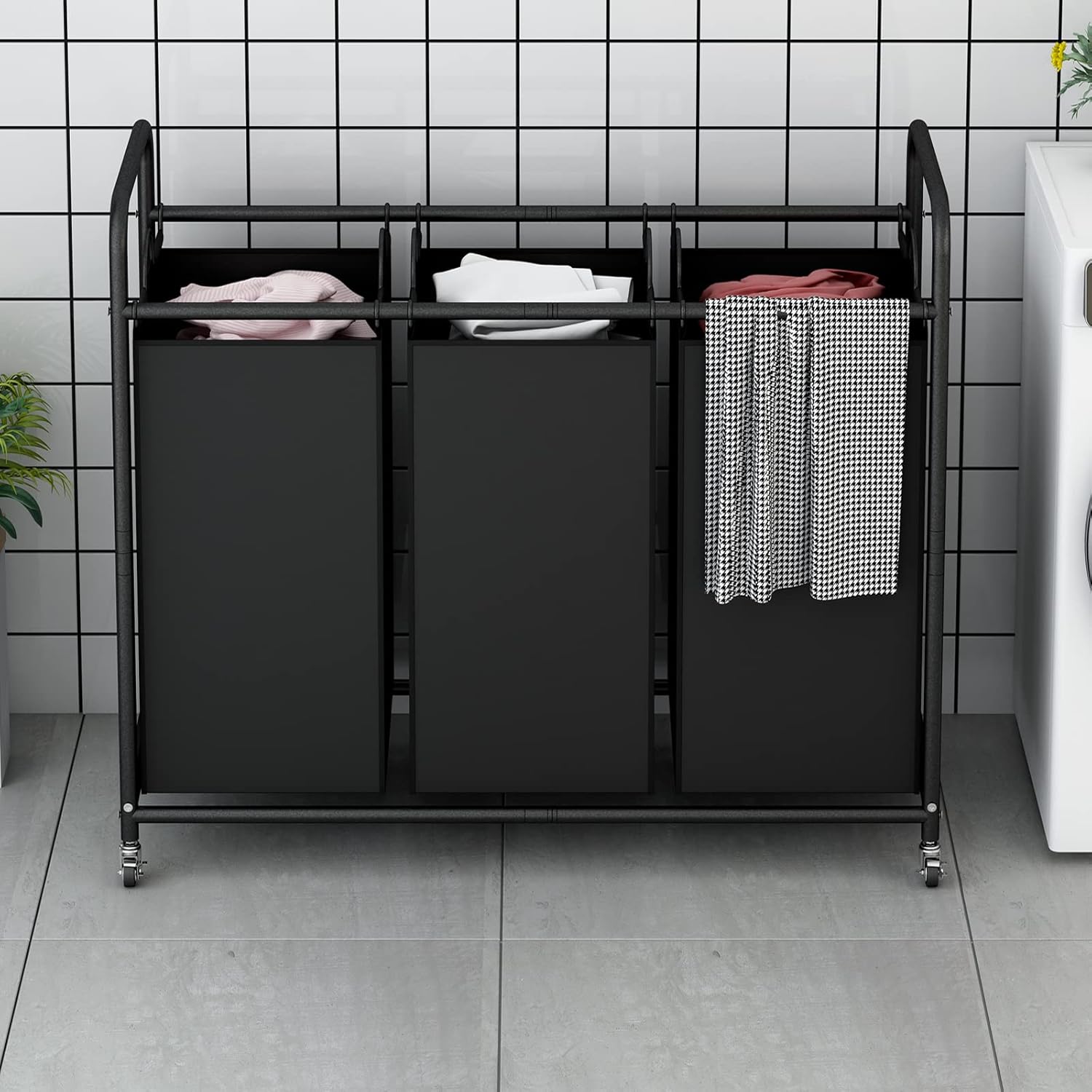 LINZINAR 3-Bag Laundry Basket Hamper Laundry Sorter Cart laundry room organization with Heavy Duty Rolling Lockable Wheels and Removable Bags (Black)