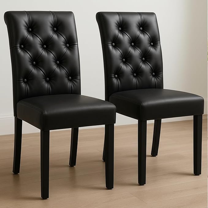 Button Tufted Dining Chairs Set of 2, Upholstered PU Leather Dining Room Chairs Farmhouse Parsons Kitchen Chairs with Wood Legs for Bedroom/Living Room/Resturant, Padded Seat, Black