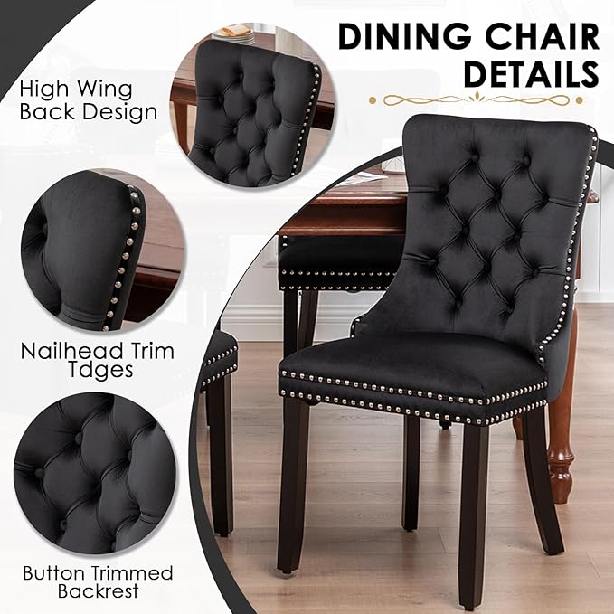 Kiztir Velvet Dining Chairs Set of 2, Upholstered Dining Room Chairs with Ring Pull Trim and Button Back, Luxury Tufted Modern Dining Chair for Living Room, Bedroom, Kitchen (Black)