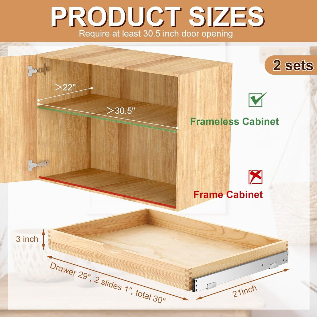 Menkxi 2 Set Pull out Tray Cabinet Organizer Wooden Pull Drawers storage Slide out Pantry Shelf for Base Cabinet Kitchen Gentle Close Fully Assembled Accessories (Wood Color,30'' X 21'' X 3")