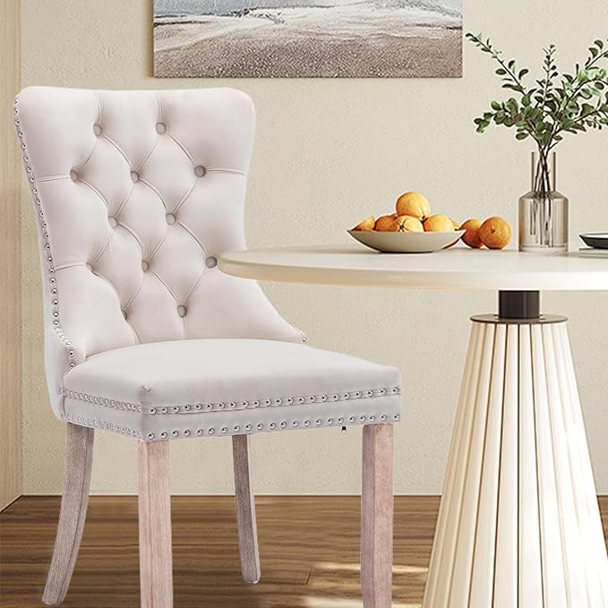 Velvet Upholstered Dining Chairs Set of 4, Modern Style Kitchen Side Chairs with Nailhead Trim and Wood Legs,Metal Pulling Ring for Dining Room Living Room(Beige,Set of 4)