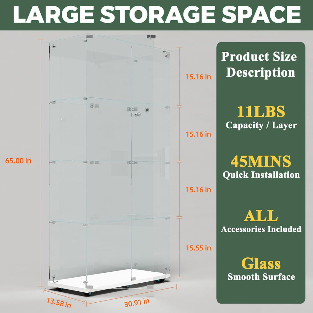 Glass Display Cabinet with LED Light Strip, 4 Shelves with 2 Doors, Glass Top...