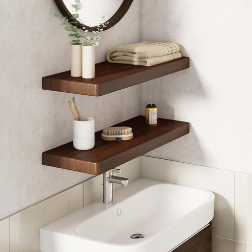 24" Rustic Walnut Wood Floating Shelves, 8 Inch Deep Wall Shelves for Home Decor, Wall Mounted Floating Shelf with Invisible Bracket, Heavy-Duty Storagefor Living Room, Bedroom, Kitchen, Set of 2