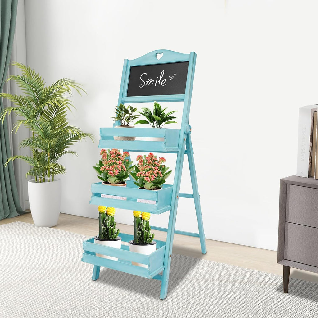 Plant Stand with Chalkboard, 3-Tier Freestanding Ladder Shelf for Indoor and Outdoor Use, Wood Rack for Living Room and Balcony, Space-Saving Design