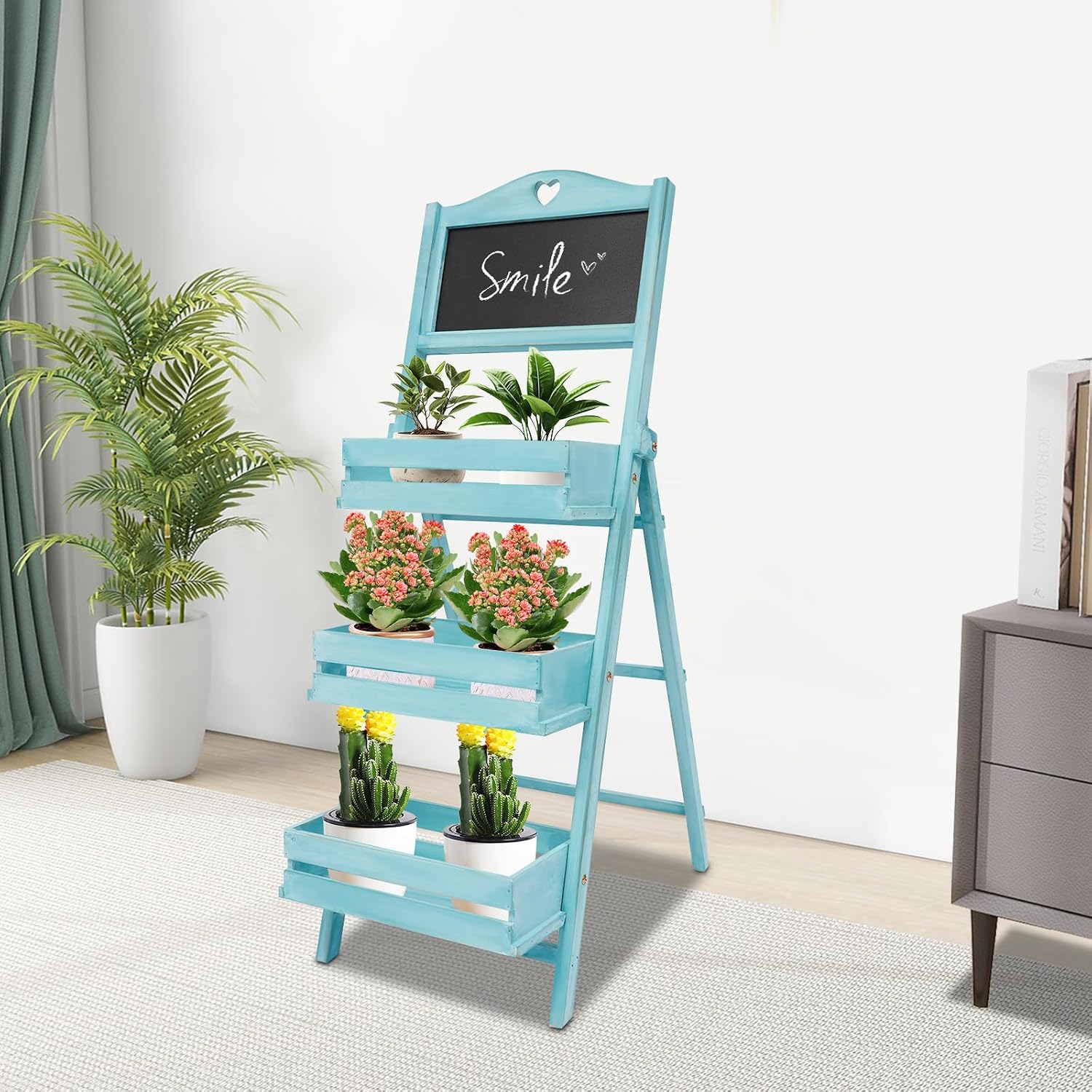 Plant Stand with Chalkboard, 3-Tier Freestanding Ladder Shelf for Indoor and Outdoor Use, Wood Rack for Living Room and Balcony, Space-Saving Design