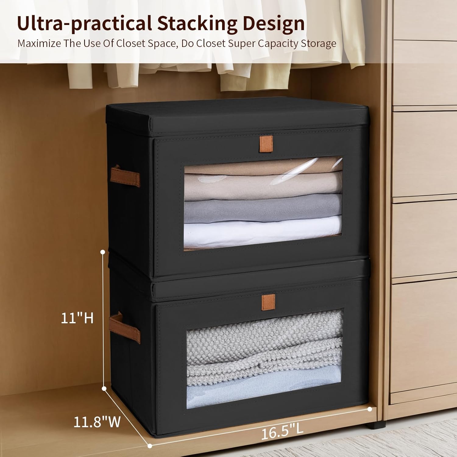 Collapsible Storage Bins - Large Stackable Organizer Bins, Decorative Boxes with Handles & Window, Fabric Containers for Living Room, Closet, Dorm, 2 Pack, Black