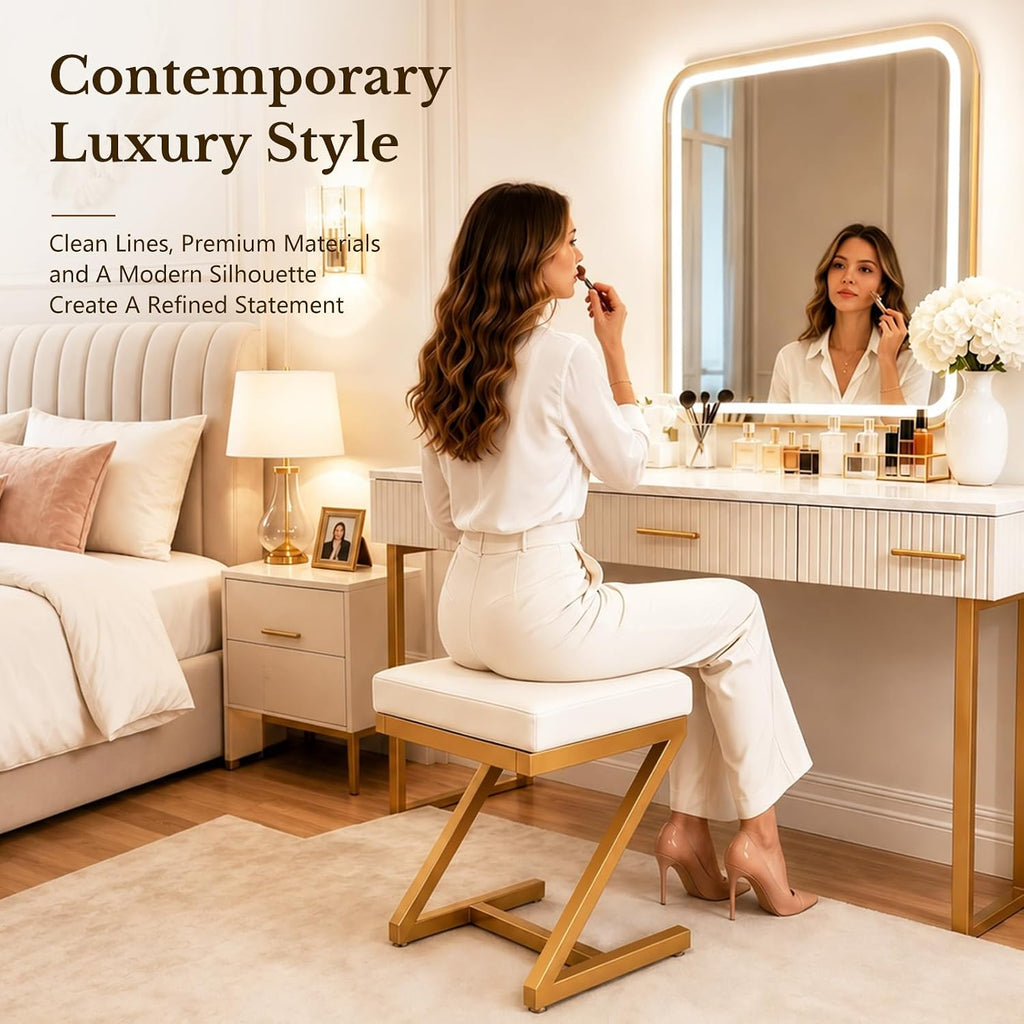 Makeup Vanity Stool Chair - Small Leather Upholstered Ottoman with Cushioned Seat and Metal Z-Frame for Vanity Desk, Bathroom, Bedroom and Dressing Room, Gold