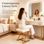 Makeup Vanity Stool Chair - Small Leather Upholstered Ottoman with Cushioned Seat and Metal Z-Frame for Vanity Desk, Bathroom, Bedroom and Dressing Room, Gold