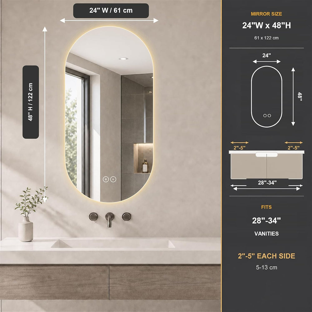 LAIYA 48X24in Oval LED Bathroom Mirror, Frameless Backlit Anti-Fog Dimmable