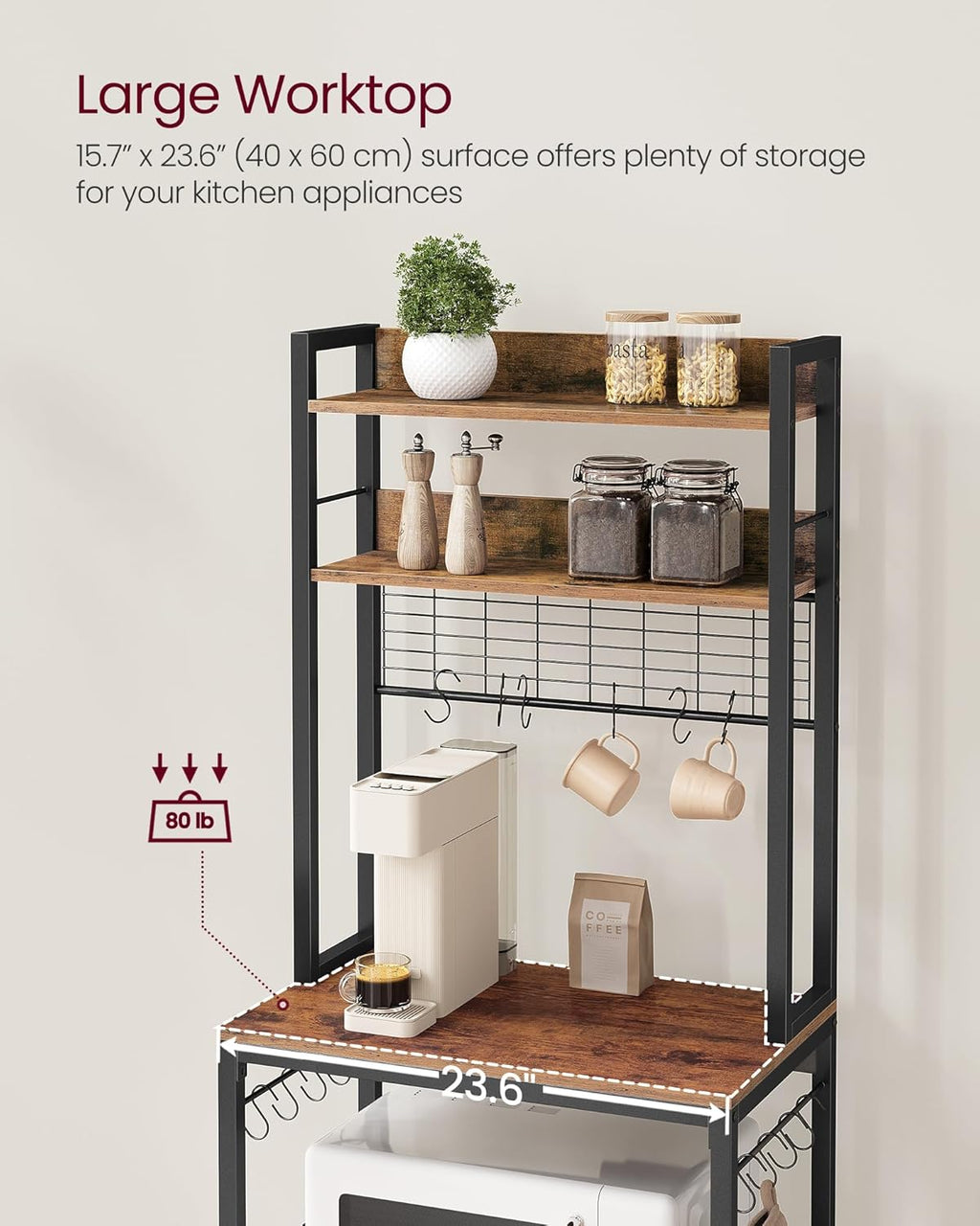 VASAGLE Bakers Rack with Power Outlet, Microwave Stand, Kitchen Tall Utility Storage Shelf, with Metal Wire Panel, 14 Hooks, 15.7 x 23.6 x 66.9 Inches, Rustic Brown and Ink Black UKKS037B01
