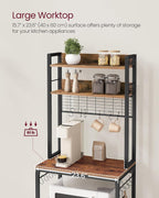 VASAGLE Bakers Rack with Power Outlet, Microwave Stand, Kitchen Tall Utility Storage Shelf, with Metal Wire Panel, 14 Hooks, 15.7 x 23.6 x 66.9 Inches, Rustic Brown and Ink Black UKKS037B01