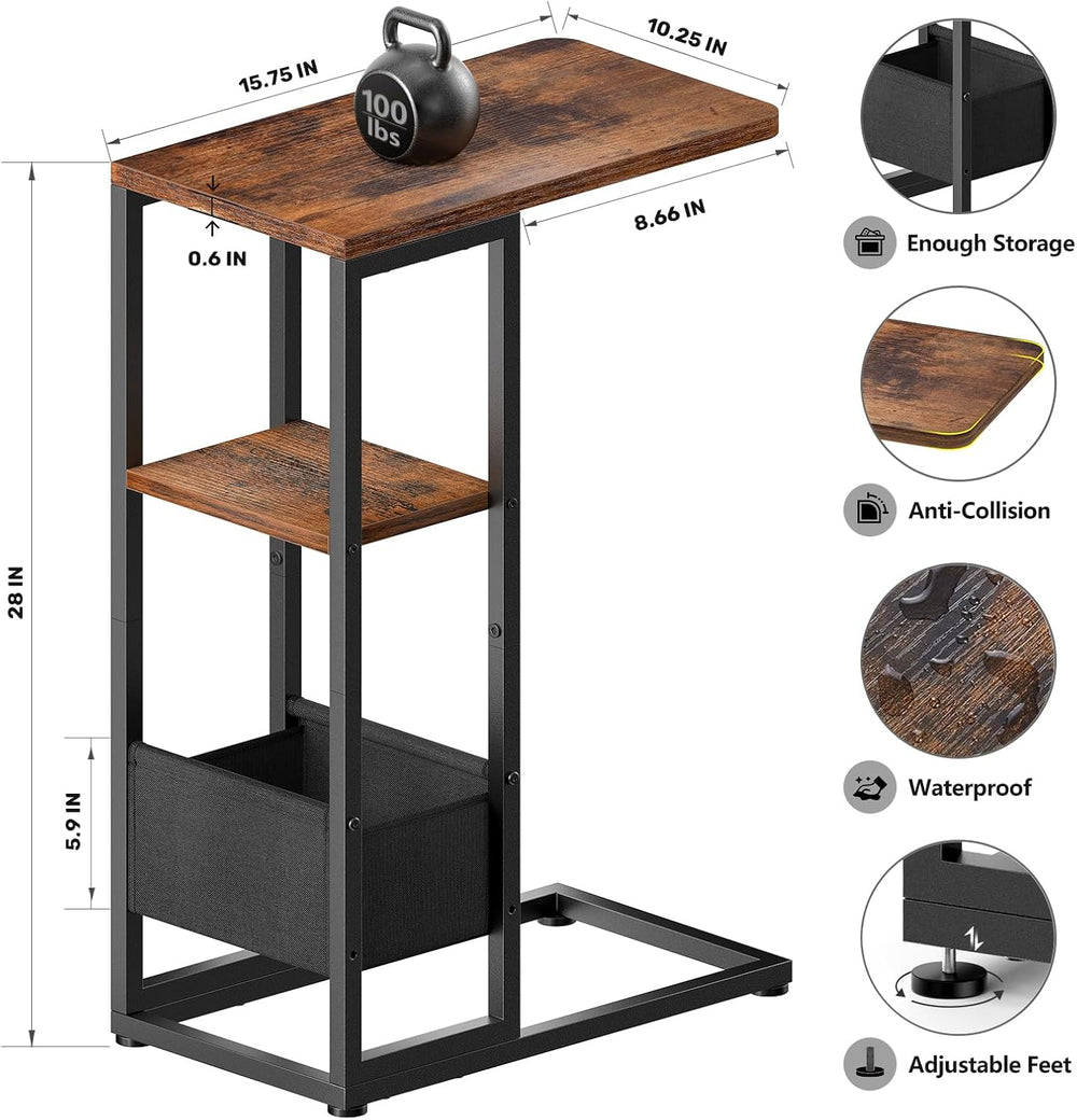 C Shaped End Table, Small Side Table for Couch, Recliner, Slide Under Sofa Tr...