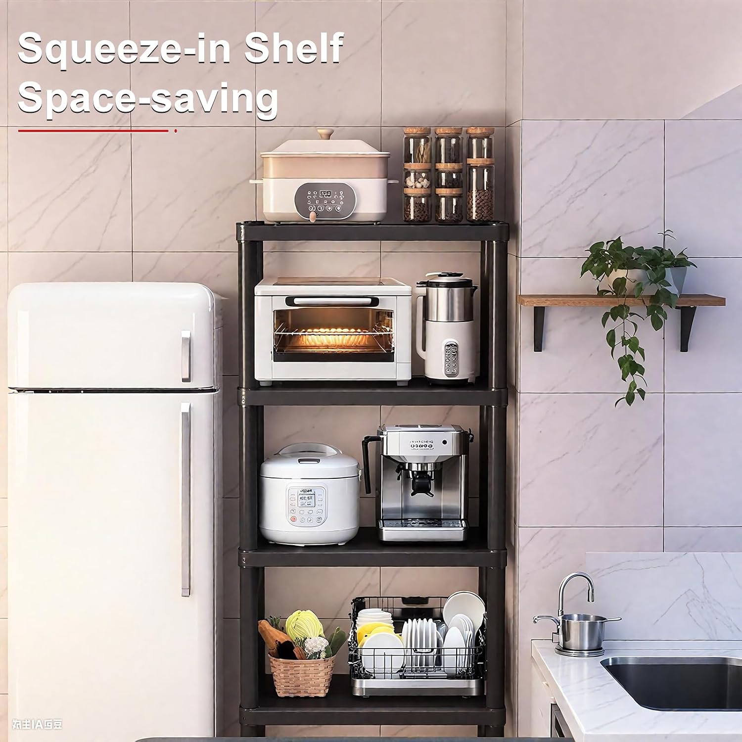 Plastic Storage Shelves, 12" D x 24" W x 52.56" H Plastic Shelves for Storage, 4-Tier Shelving Unit, Storage Rack, 264 lbs, Bathroom, Laundry, Garage & Home