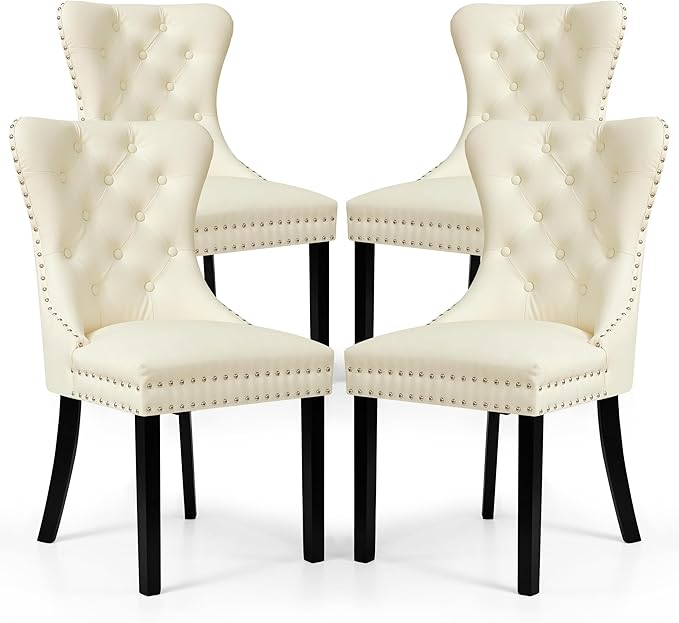 SyMax Dining Chairs Set of 4, Faux Leather Parson Dining Room Chairs, High-End Tufted Kitchen Side Chairs for Bedroom, Living Room, White