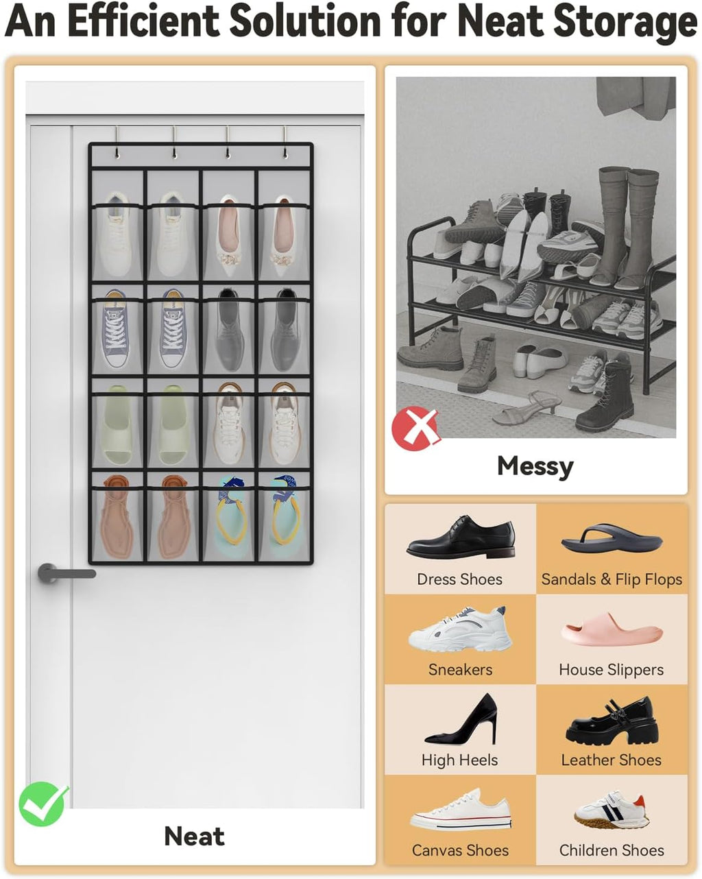 dodowin Over the Door Shoe Organizer, 16 Mesh Pockets, 4 Hooks, Gray | Foldable hanging storage fits behind closet doors and organizes shoes, accessories and daily household items in small spaces