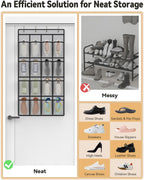dodowin Over the Door Shoe Organizer, 16 Mesh Pockets, 4 Hooks, Gray | Foldable hanging storage fits behind closet doors and organizes shoes, accessories and daily household items in small spaces
