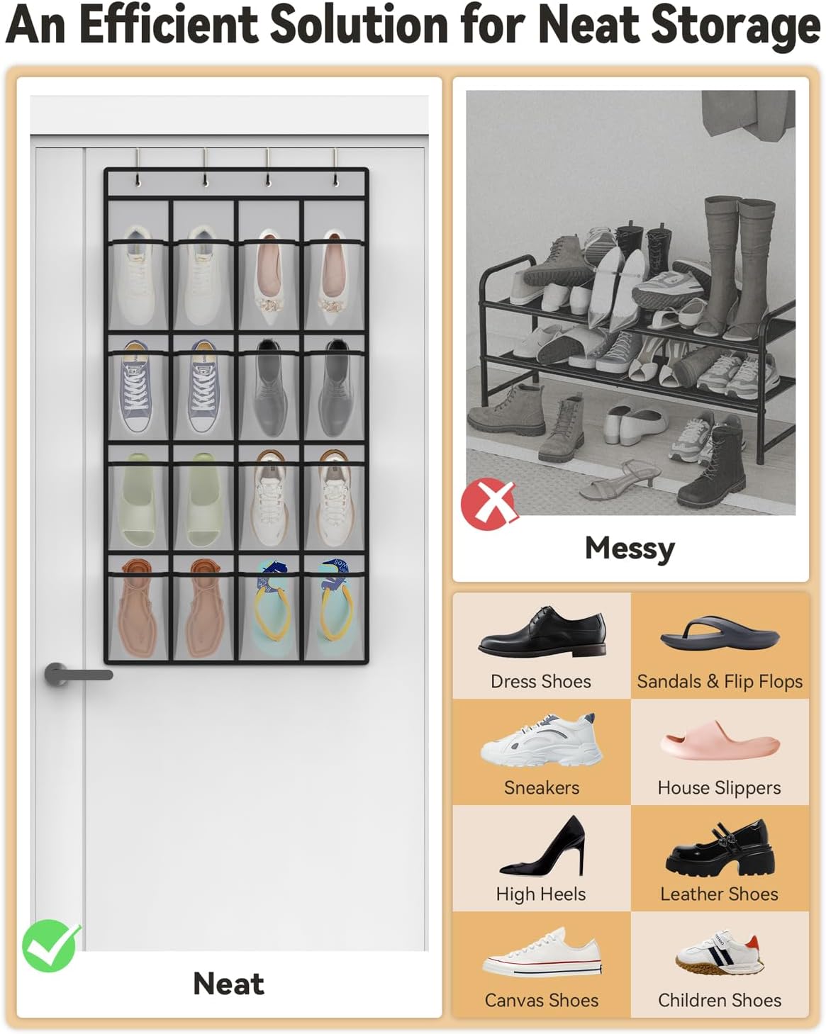 dodowin Over the Door Shoe Organizer, 16 Mesh Pockets, 4 Hooks, Gray | Foldable hanging storage fits behind closet doors and organizes shoes, accessories and daily household items in small spaces