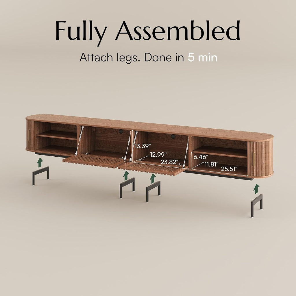 POVISON Fully-Assembled Sliding Tambour Door TV Stand, Mid Century Modern TV Console, Wood Media Console, Entertainment Center with Storage Cabinet (Walnut, 118.11")