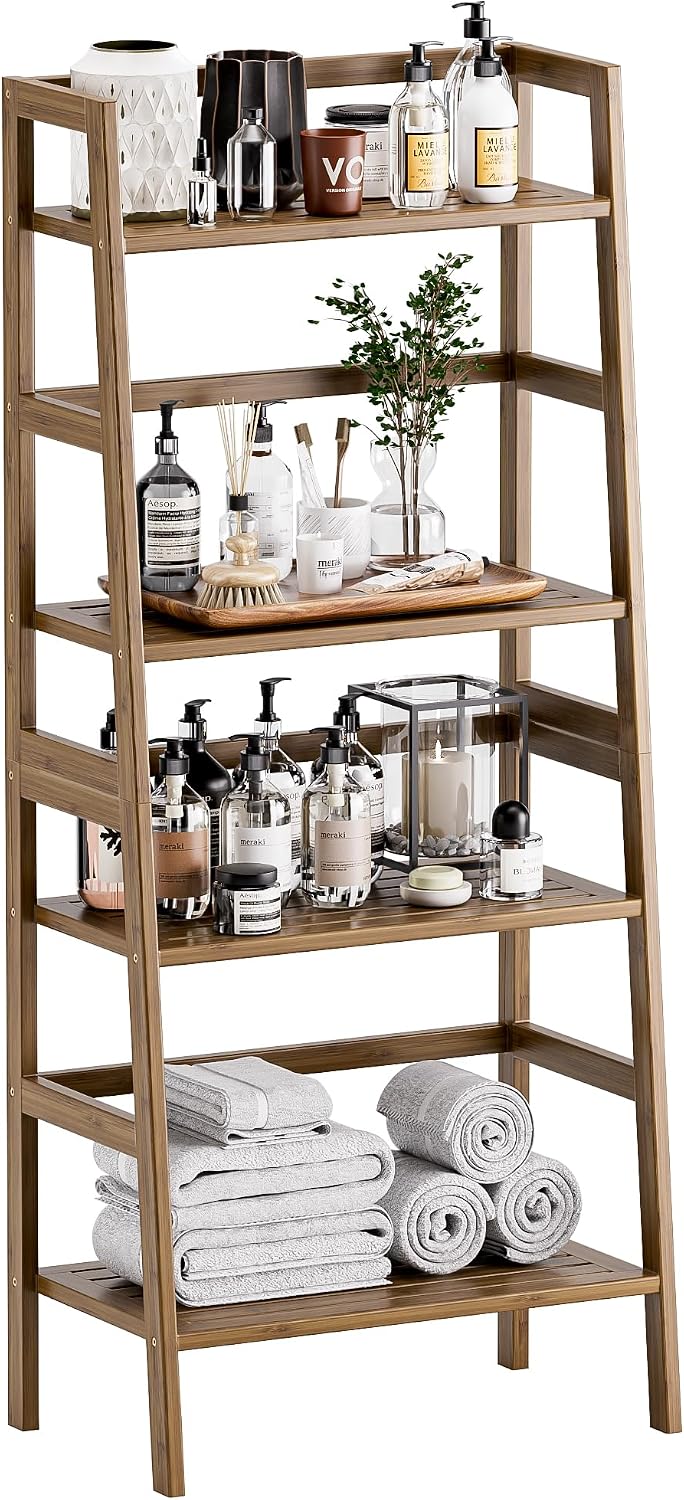 HITNET Ladder Shelf, 4-Tier Bamboo Bookshelf, Freestanding Open Display Storage Rack, Space Saving Flower Plant Display Stand for Bathroom Living Room, Walnut