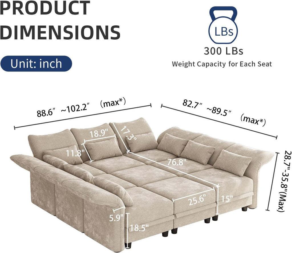 LLappuil 102" Modular Sectional Sofa with Storage Seat, Cozy Chenille Sleeper Sectional Couches for Living Room with Adjustable Armrest Backrest, Khaki