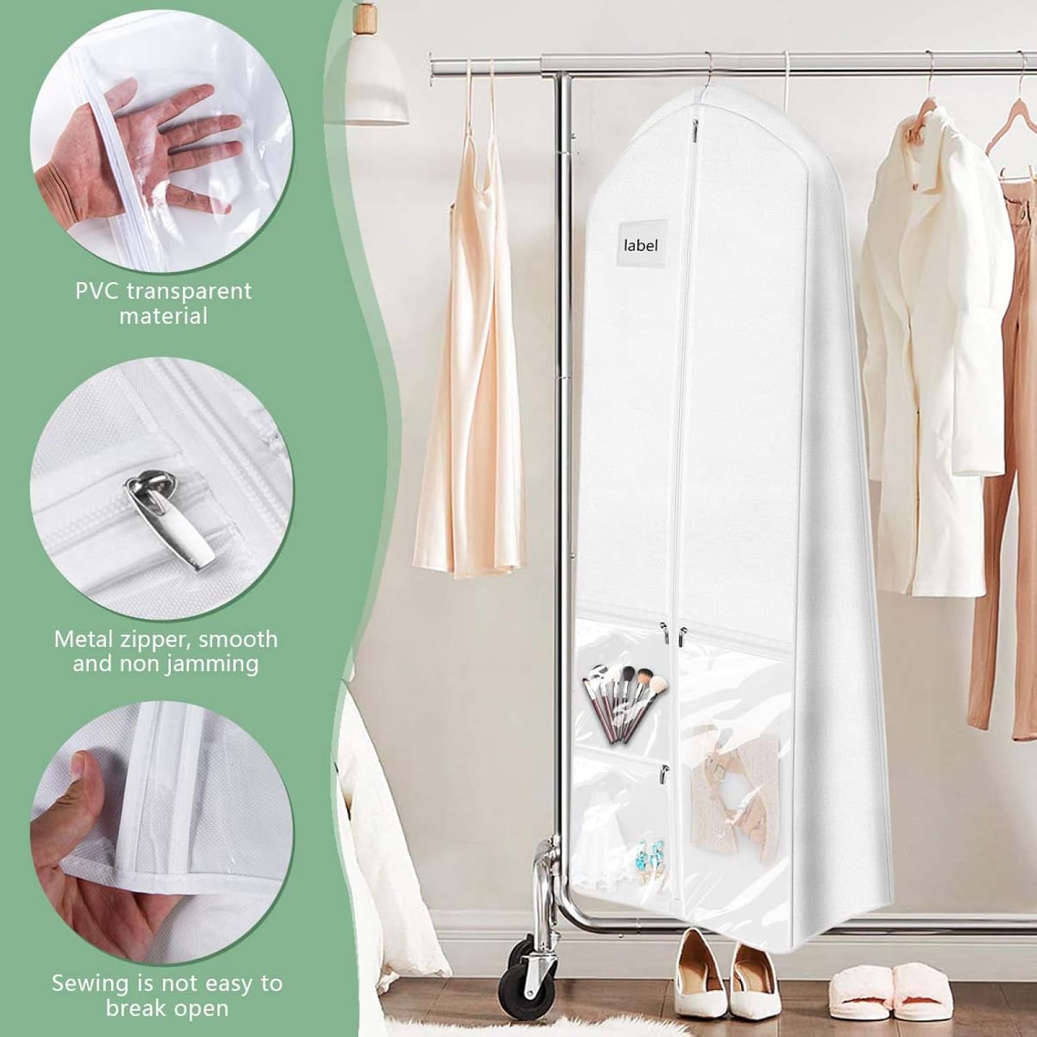 72" Long Wedding Dress Garment Bag Cover for Gowns Women with 10'' Gusseted Dress Bags 4 Pocket (White 2 Pack)