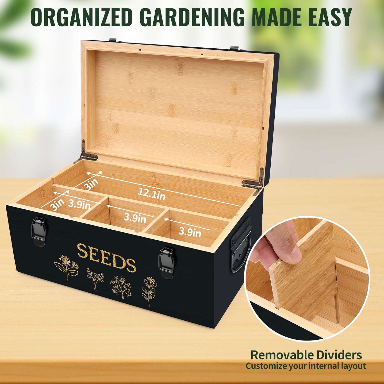 Large Bamboo Wood Seed Storage Organizer Box with Lid, Double-Layer Seal Design Seed Saving Box with Premium Coated Safety Lock, Handles, Extra Seed Envelopes and Labels, Great Gifts for Gardener