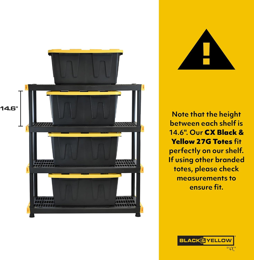 Black & Yellow, 4-Tier Heavy Duty Plastic Storage Shelving Unit, 200lbs/shelf (55H x 48W x 20D), for Indoor/Outdoor Organization, Modular Rack